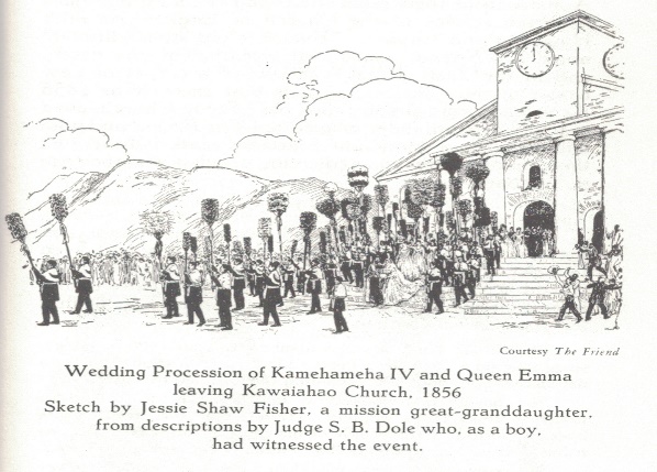 The first and only Royal wedding held at Kawaiahaʻo Church; 3000 people lined King St. to watch the couple's arrival. 500 pews in church filled with attendees. Queen Emma wore a lace veil that was a gift from Queen Victoria of England. Drawing courtesy “Friend” HMHA/HMCS