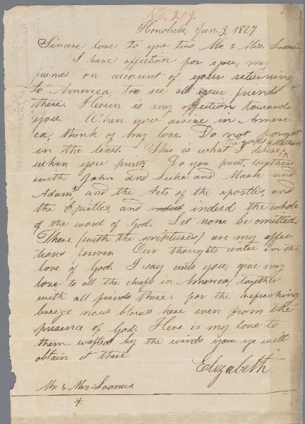 Kʻahumanu’s letter to Missionary Printer Elisha Loomis 1827 Courtesy of the HMCS