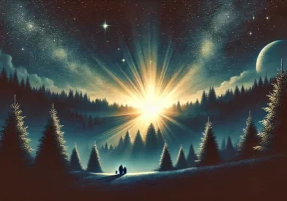 DALL·E 2024-11-27 13.34.52 - A serene and hopeful depiction of Isaiah 9_2, showing a peaceful, starry night with a radiant light breaking through a dark forest, symbolizing the da