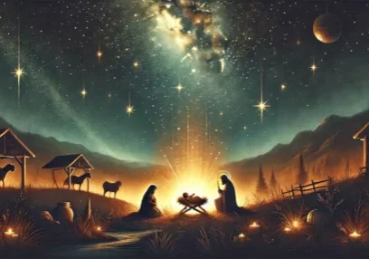 DALL·E 2024-11-27 13.40.22 - A peaceful and hopeful depiction inspired by Isaiah 9_6, featuring a serene nativity scene under a glowing night sky filled with stars. The baby Jesus