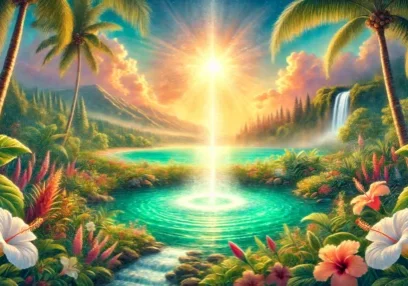 DALL·E 2024-11-27 13.49.51 - A serene and uplifting depiction inspired by Romans 15_13, with a tropical Hawaiian theme. The scene features a glowing fountain of light symbolizing