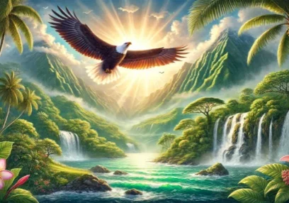 DALL·E 2024-11-27 13.54.38 - A majestic and hopeful depiction inspired by Isaiah 40_31, set in a tropical Hawaiian landscape. The image features a powerful eagle soaring high abov