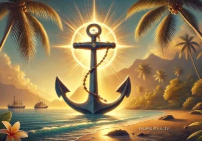 DALL·E 2024-11-27 14.07.08 - A serene and symbolic depiction inspired by Hebrews 6_19, featuring a large, radiant anchor resting on the shore of a calm tropical ocean, symbolizing